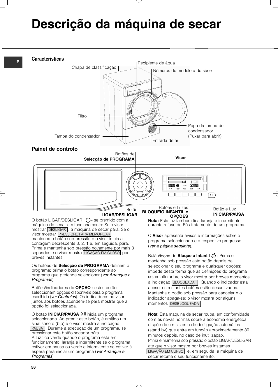Descrição da máquina de secar, Painel de controlo, Características | Hotpoint Ariston TCD 93B 6H-Z1 (EU) User Manual | Page 56 / 88