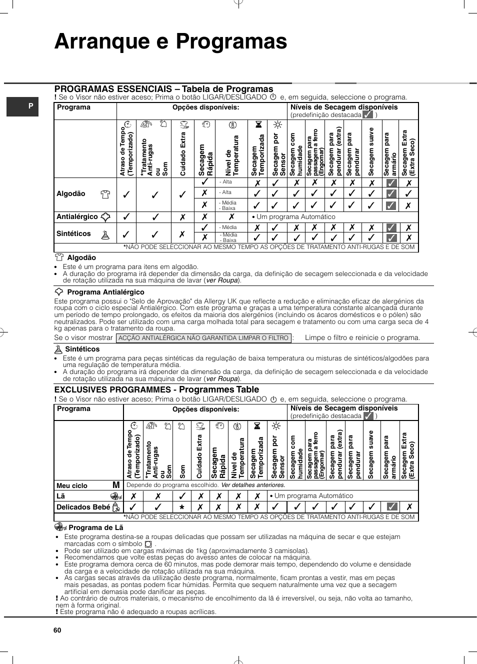 Arranque e programas, Programas essenciais – tabela de programas, Programmes table | Hotpoint Ariston TCD 93B 6H-Z1 (EU) User Manual | Page 60 / 88