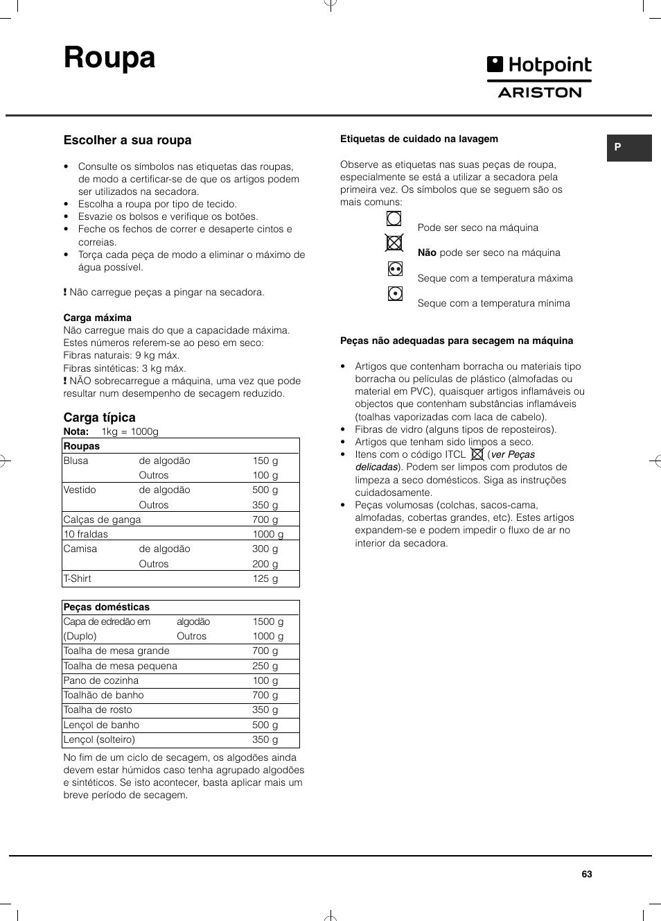 Roupa, Escolher a sua roupa, Carga típica | Hotpoint Ariston TCD 93B 6H-Z1 (EU) User Manual | Page 63 / 88