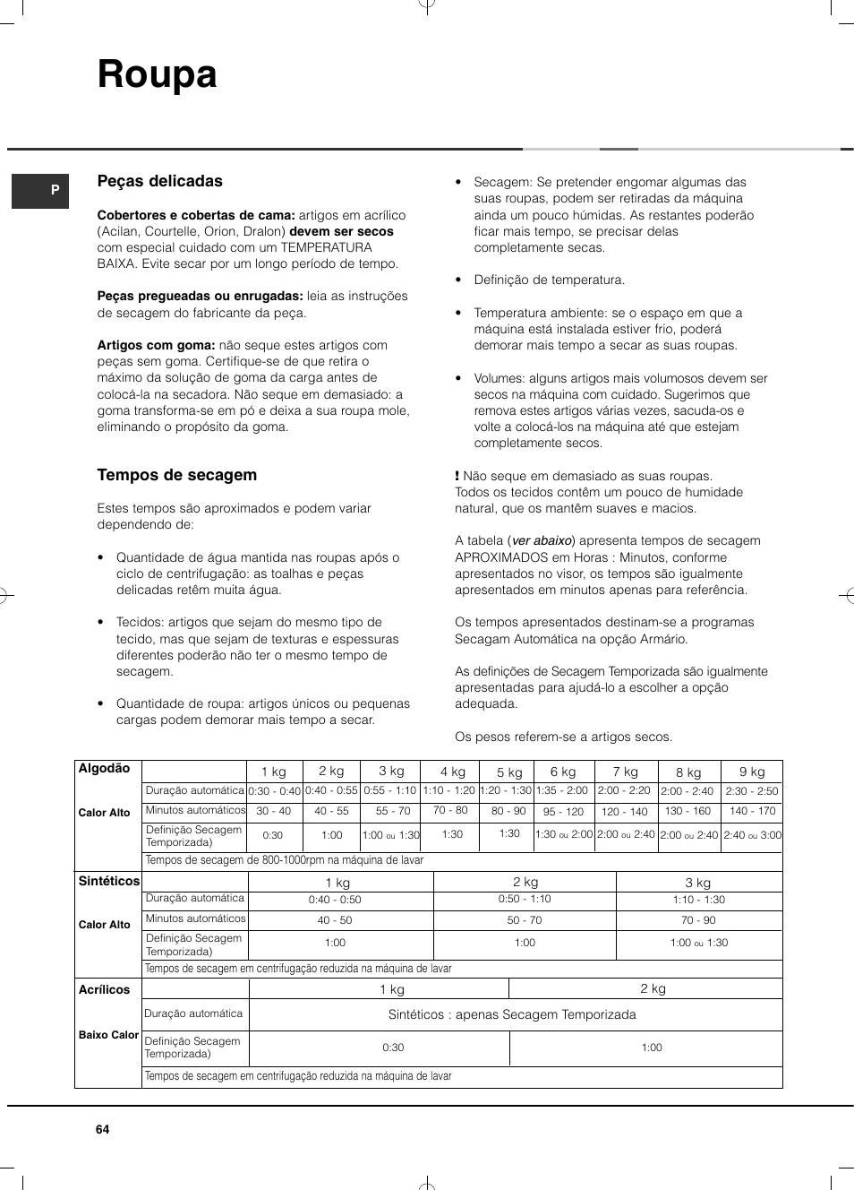 Roupa, Peças delicadas, Tempos de secagem | Hotpoint Ariston TCD 93B 6H-Z1 (EU) User Manual | Page 64 / 88