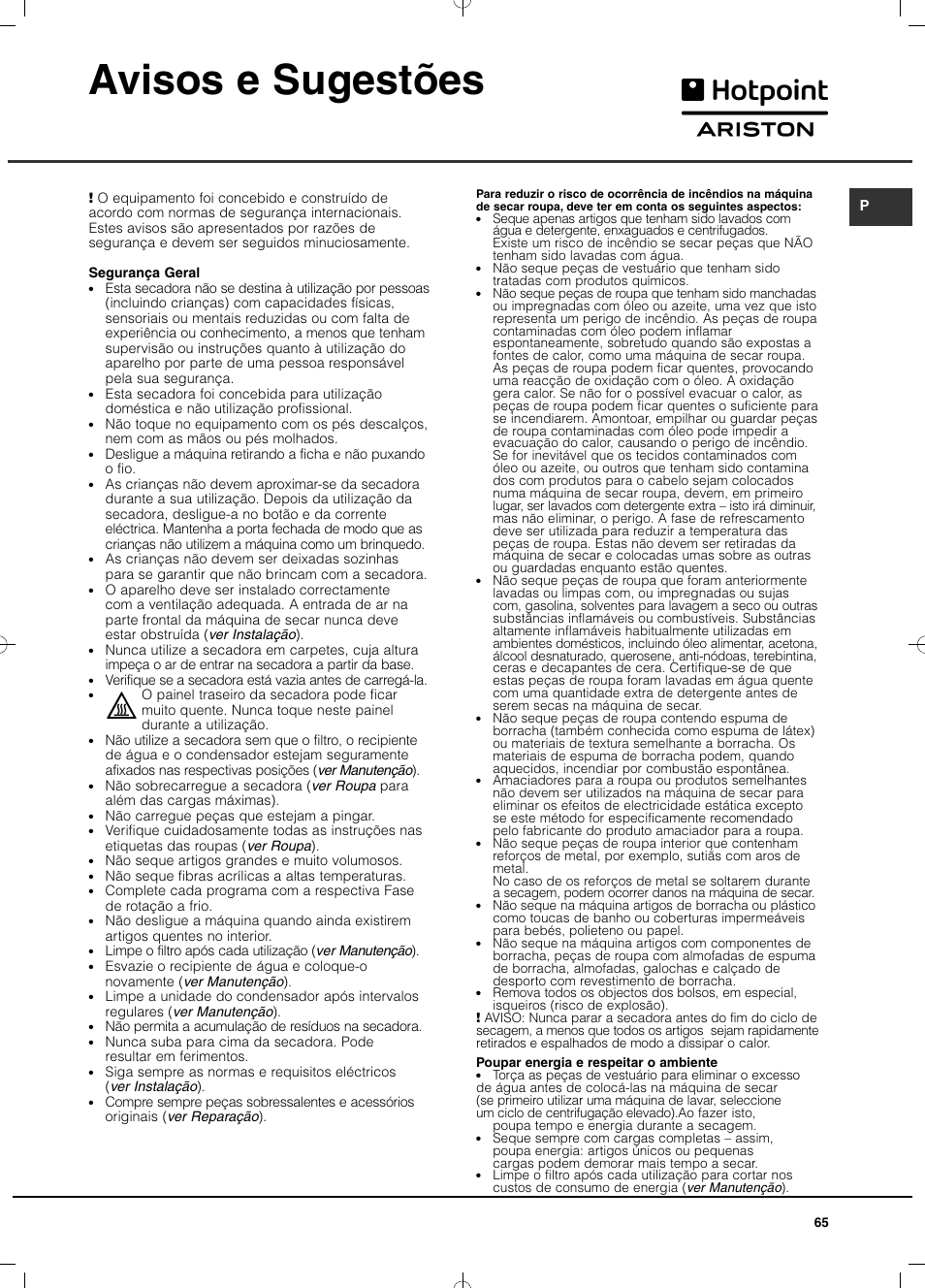 Avisos e sugestões | Hotpoint Ariston TCD 93B 6H-Z1 (EU) User Manual | Page 65 / 88