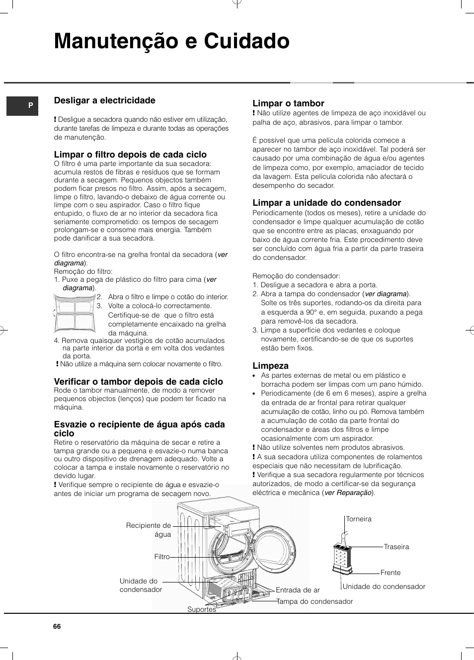Manutenção e cuidado | Hotpoint Ariston TCD 93B 6H-Z1 (EU) User Manual | Page 66 / 88