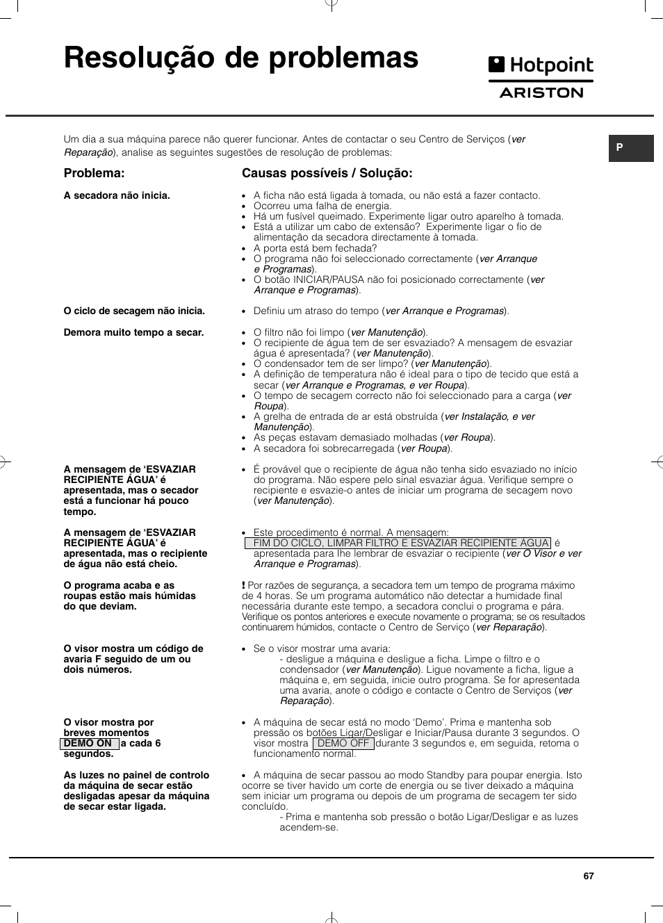 Resolução de problemas, Causas possíveis / solução, Problema | Hotpoint Ariston TCD 93B 6H-Z1 (EU) User Manual | Page 67 / 88