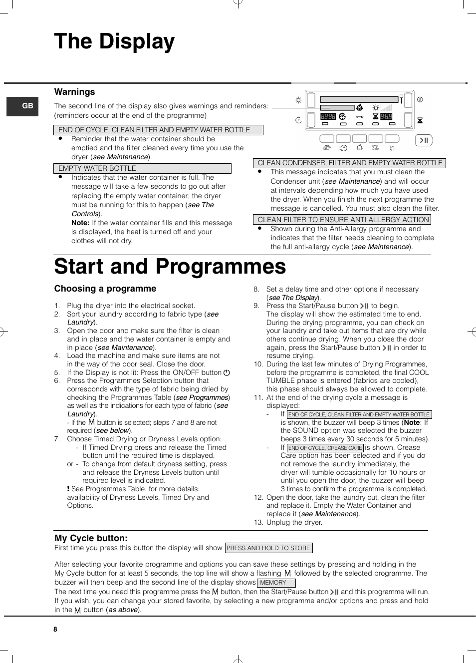 The display start and programmes | Hotpoint Ariston TCD 93B 6H-Z1 (EU) User Manual | Page 8 / 88