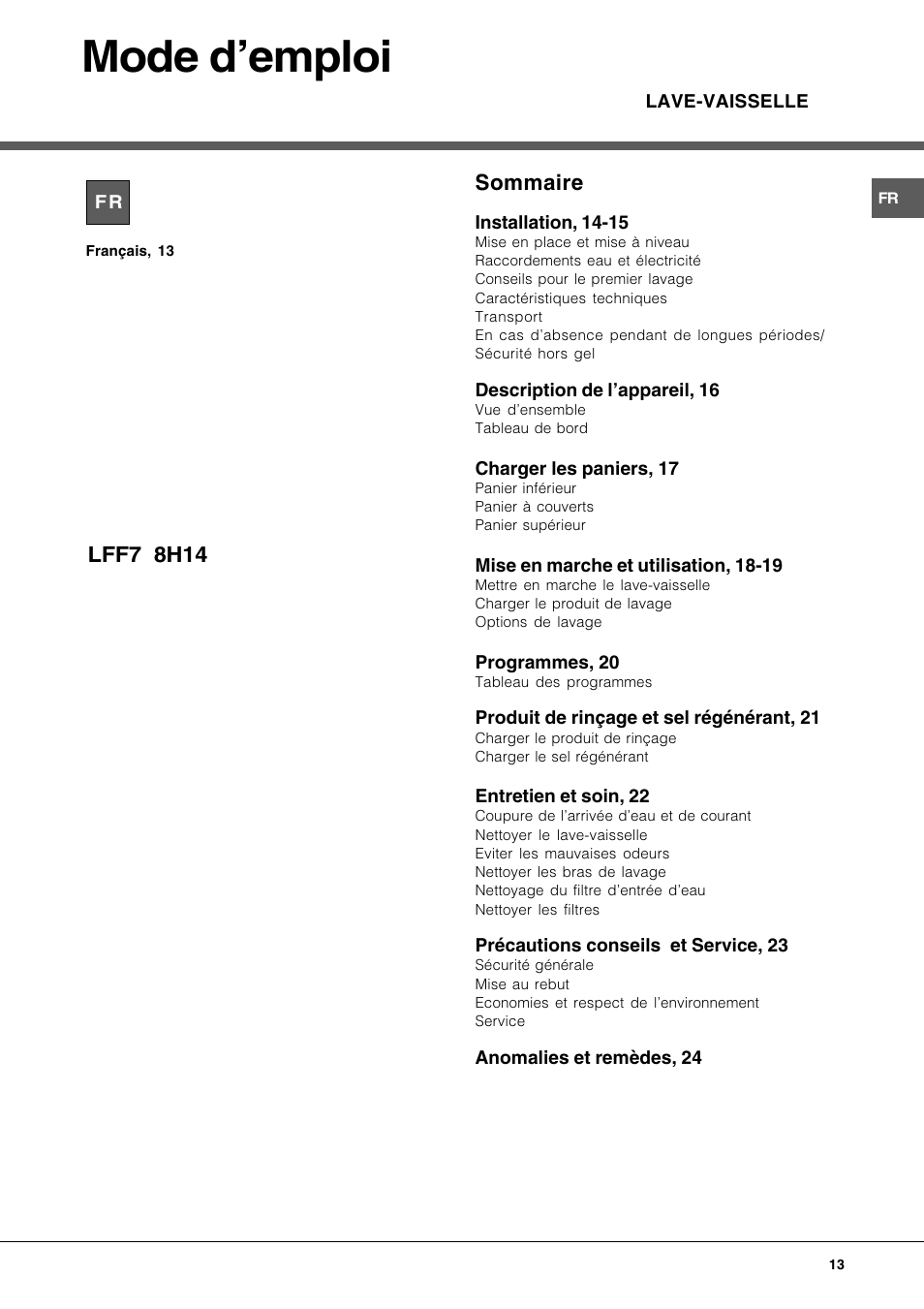 Mode demploi, Sommaire, Lff7 8h14 | Hotpoint Ariston LFF7 8H14 X EU User Manual | Page 13 / 84