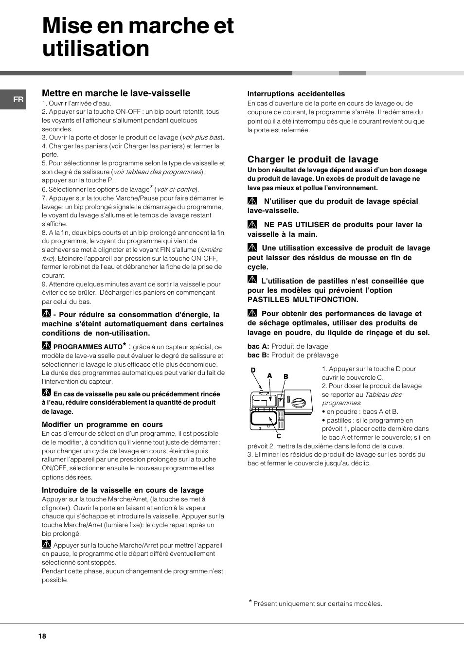 Mise en marche et utilisation, Charger le produit de lavage, Mettre en marche le lave-vaisselle | Hotpoint Ariston LFF7 8H14 X EU User Manual | Page 18 / 84