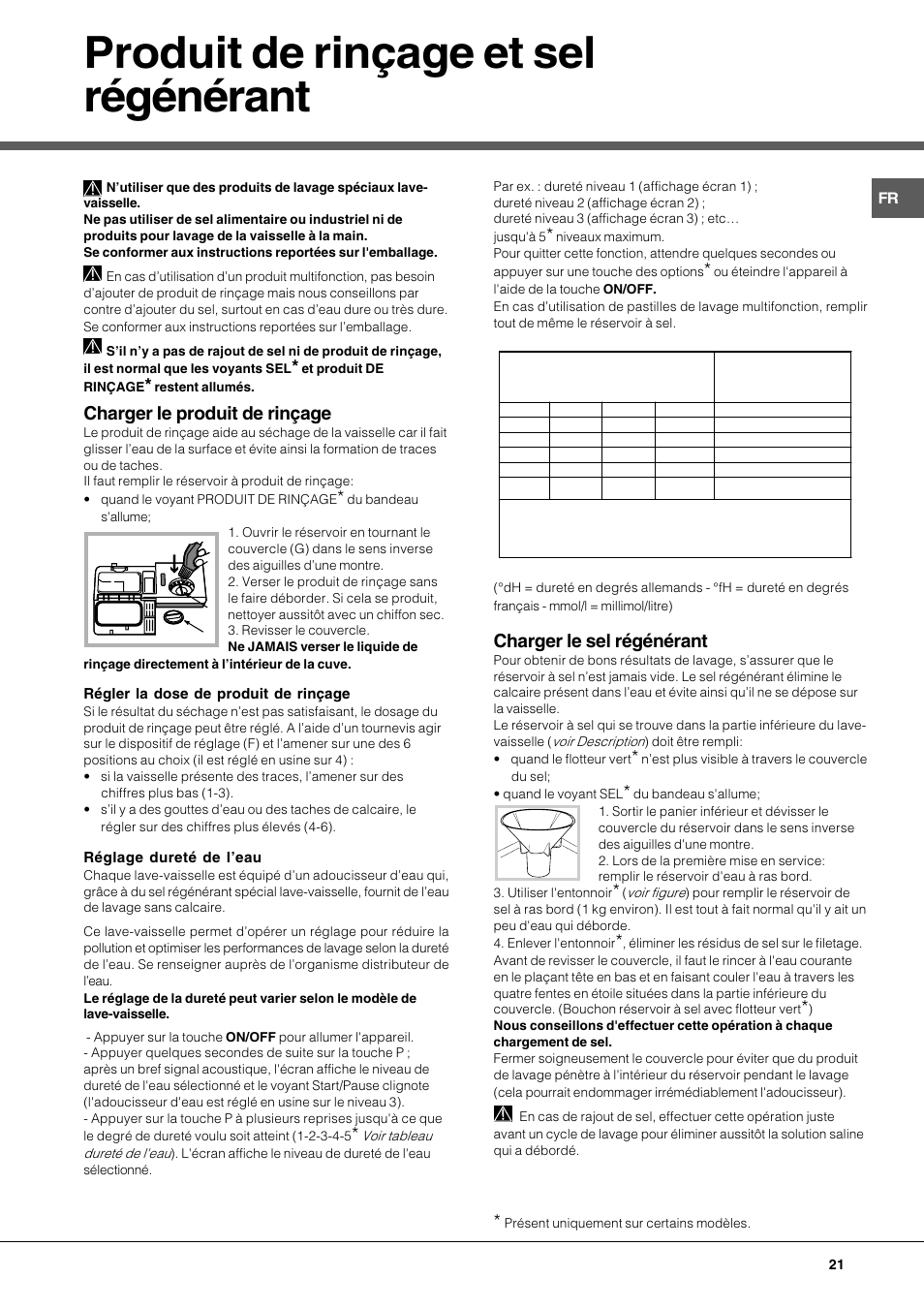 Produit de rinçage et sel régénérant, Charger le produit de rinçage, Charger le sel régénérant | Hotpoint Ariston LFF7 8H14 X EU User Manual | Page 21 / 84