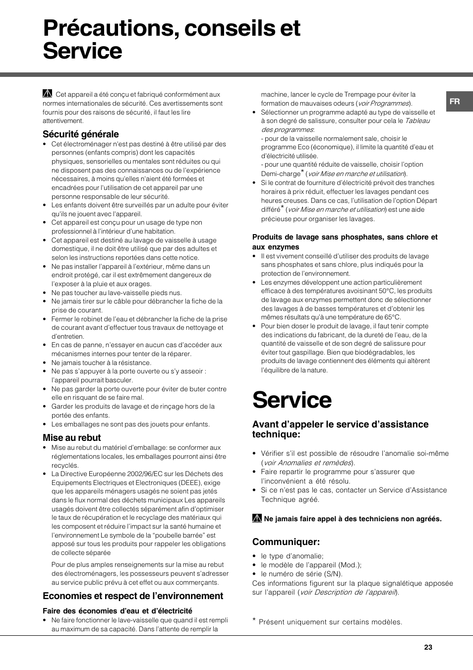 Précautions, conseils et service, Service, Sécurité générale | Mise au rebut, Economies et respect de lenvironnement, Avant dappeler le service dassistance technique, Communiquer | Hotpoint Ariston LFF7 8H14 X EU User Manual | Page 23 / 84