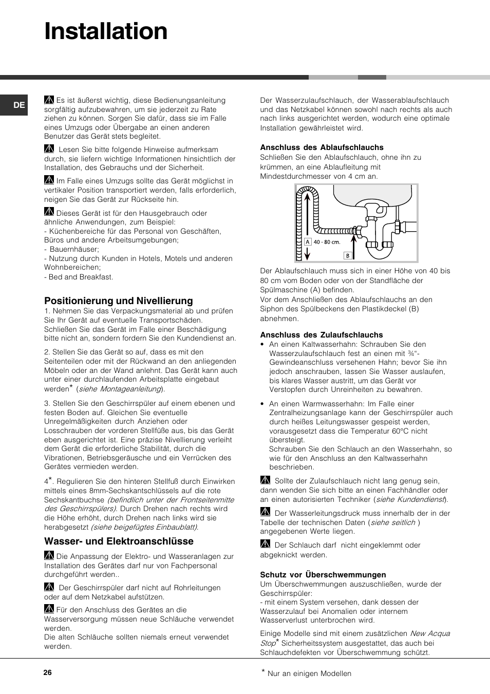 Installation, Positionierung und nivellierung, Wasser- und elektroanschlüsse | Hotpoint Ariston LFF7 8H14 X EU User Manual | Page 26 / 84