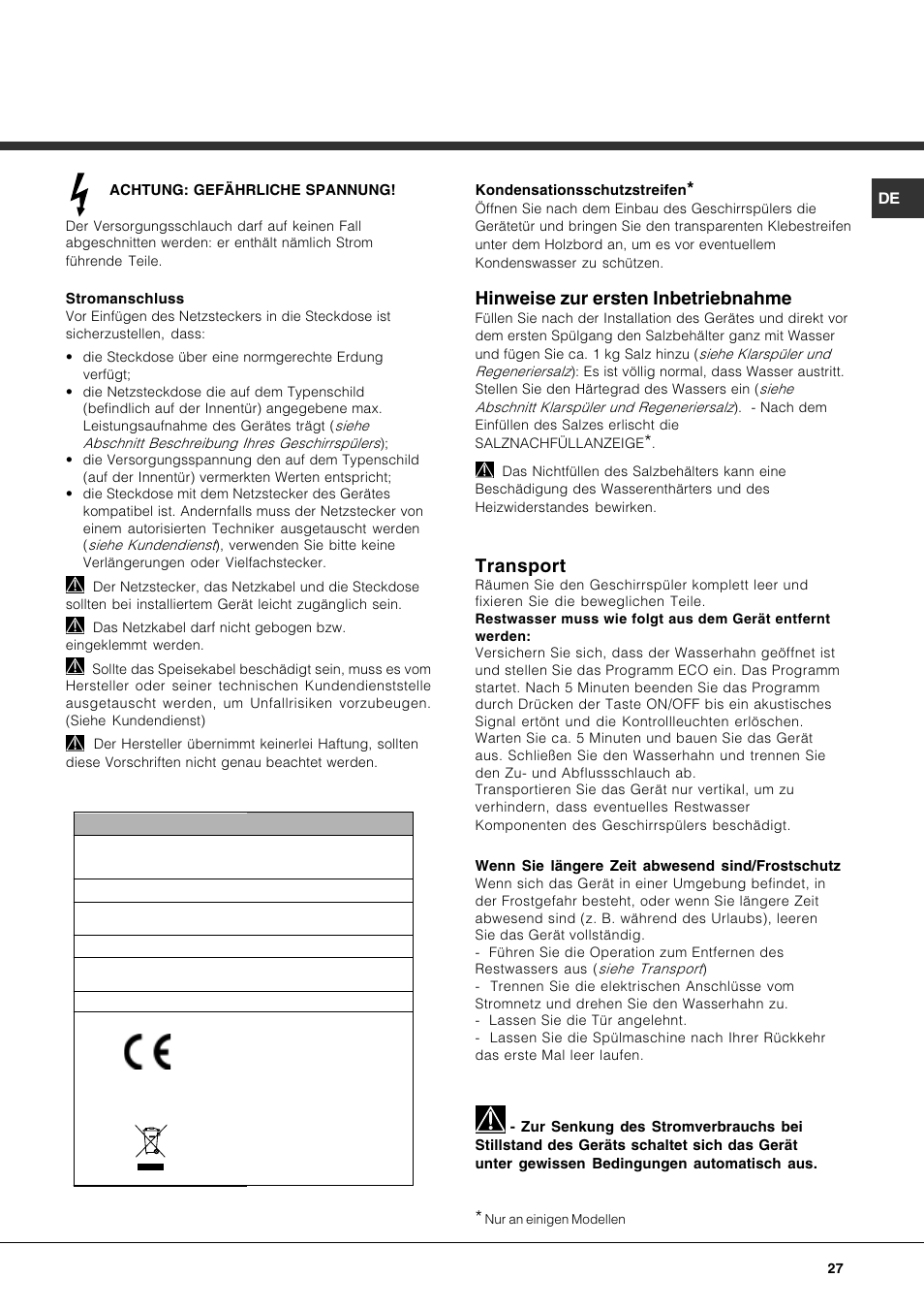 Hinweise zur ersten inbetriebnahme, Transport | Hotpoint Ariston LFF7 8H14 X EU User Manual | Page 27 / 84