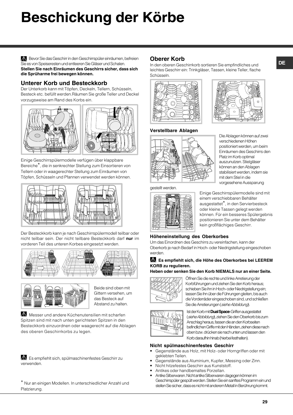 Beschickung der körbe, Unterer korb und besteckkorb, Oberer korb | Hotpoint Ariston LFF7 8H14 X EU User Manual | Page 29 / 84