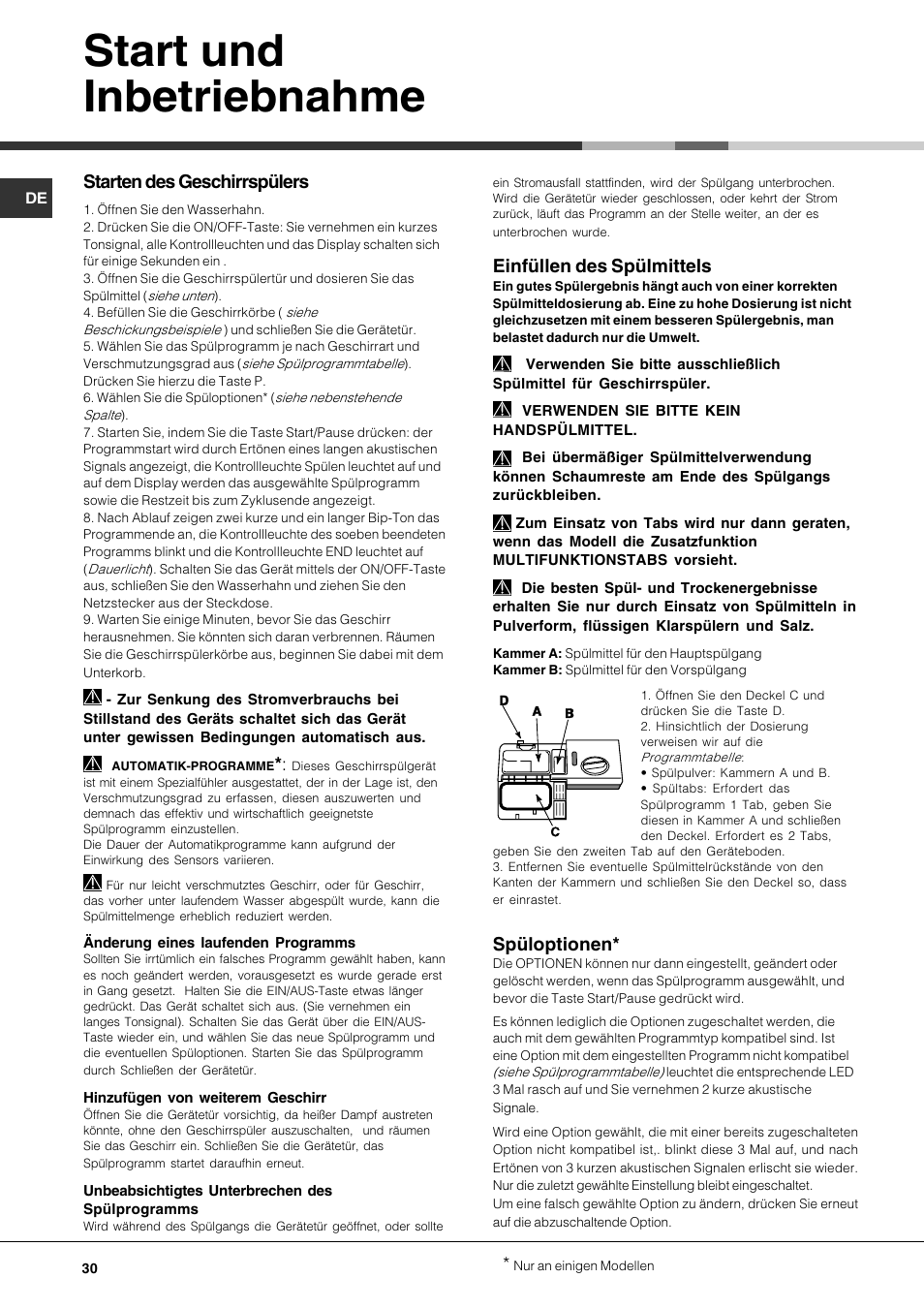 Start und inbetriebnahme, Starten des geschirrspülers, Einfüllen des spülmittels | Spüloptionen | Hotpoint Ariston LFF7 8H14 X EU User Manual | Page 30 / 84