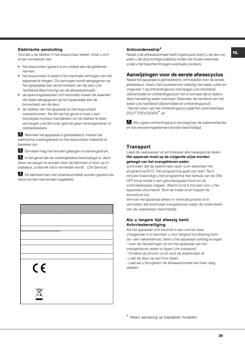 Aanwijzingen voor de eerste afwascyclus, Transport | Hotpoint Ariston LFF7 8H14 X EU User Manual | Page 39 / 84