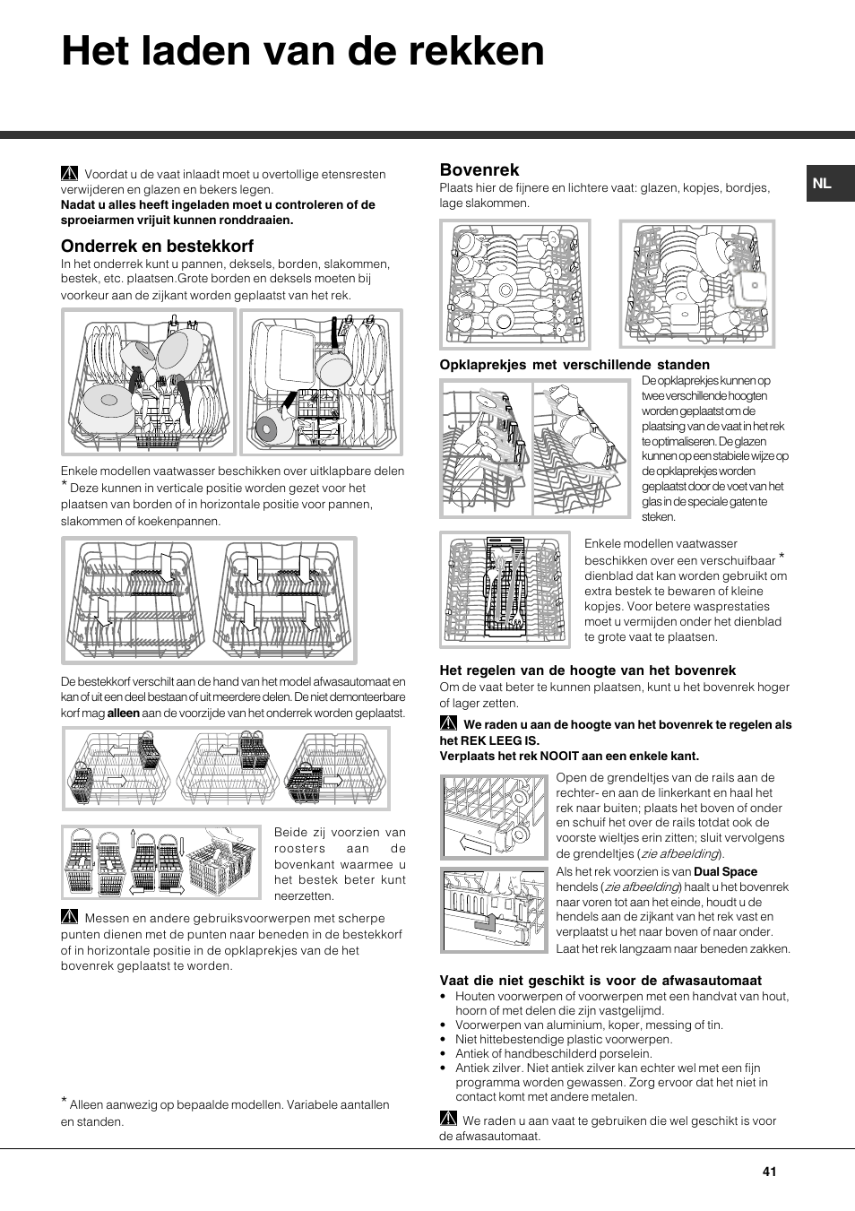 Het laden van de rekken, Onderrek en bestekkorf, Bovenrek | Hotpoint Ariston LFF7 8H14 X EU User Manual | Page 41 / 84