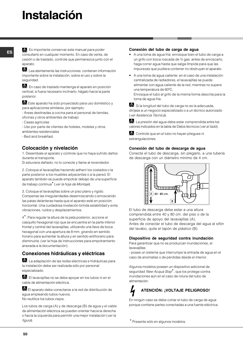 Instalación, Colocación y nivelación, Conexiones hidráulicas y eléctricas | Hotpoint Ariston LFF7 8H14 X EU User Manual | Page 50 / 84