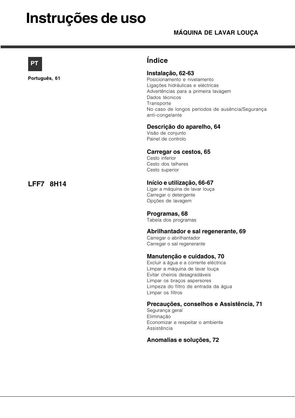 Instruções de uso, Índice, Lff7 8h14 | Hotpoint Ariston LFF7 8H14 X EU User Manual | Page 61 / 84