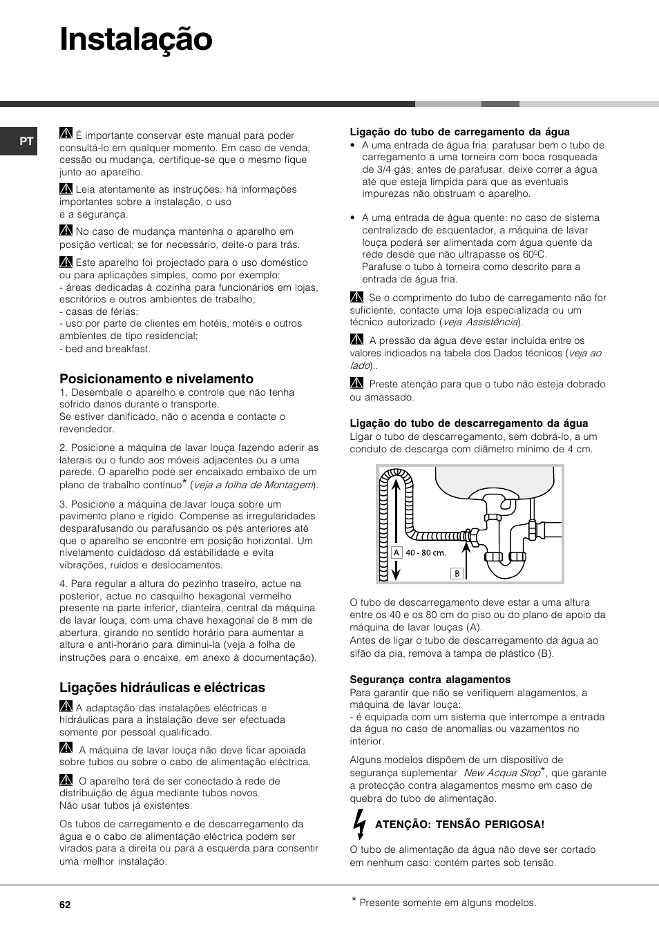 Instalação, Posicionamento e nivelamento, Ligações hidráulicas e eléctricas | Hotpoint Ariston LFF7 8H14 X EU User Manual | Page 62 / 84