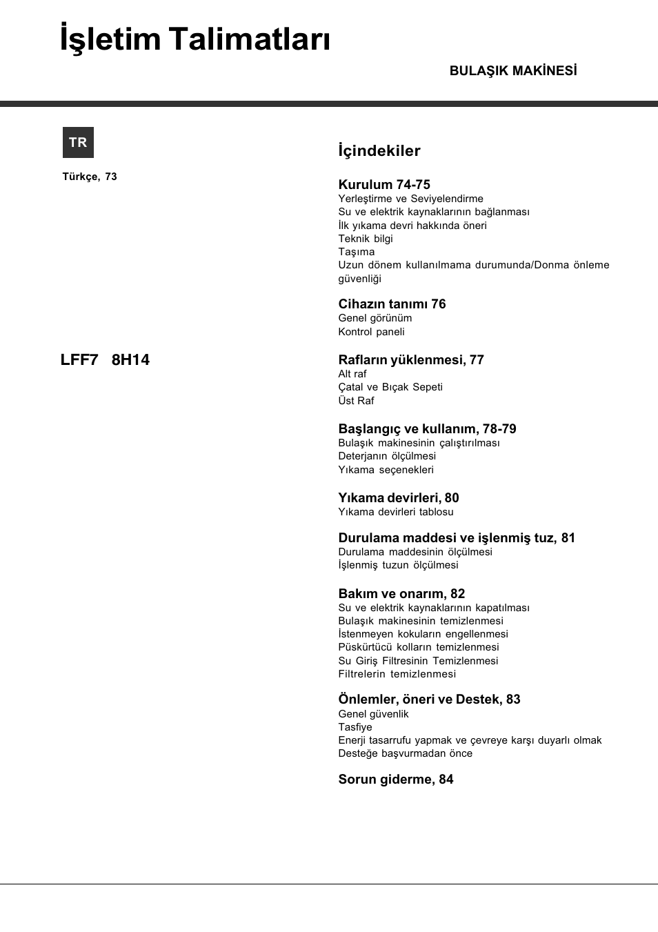 Ýþletim talimatlarý, Ýçindekiler, Lff7 8h14 | Hotpoint Ariston LFF7 8H14 X EU User Manual | Page 73 / 84