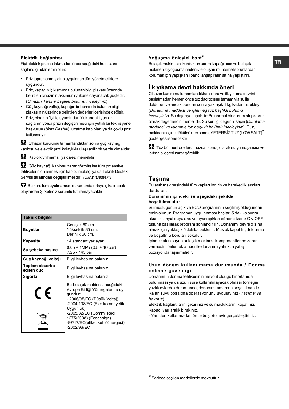 Ýlk yýkama devri hakkýnda öneri, Taþýma | Hotpoint Ariston LFF7 8H14 X EU User Manual | Page 75 / 84