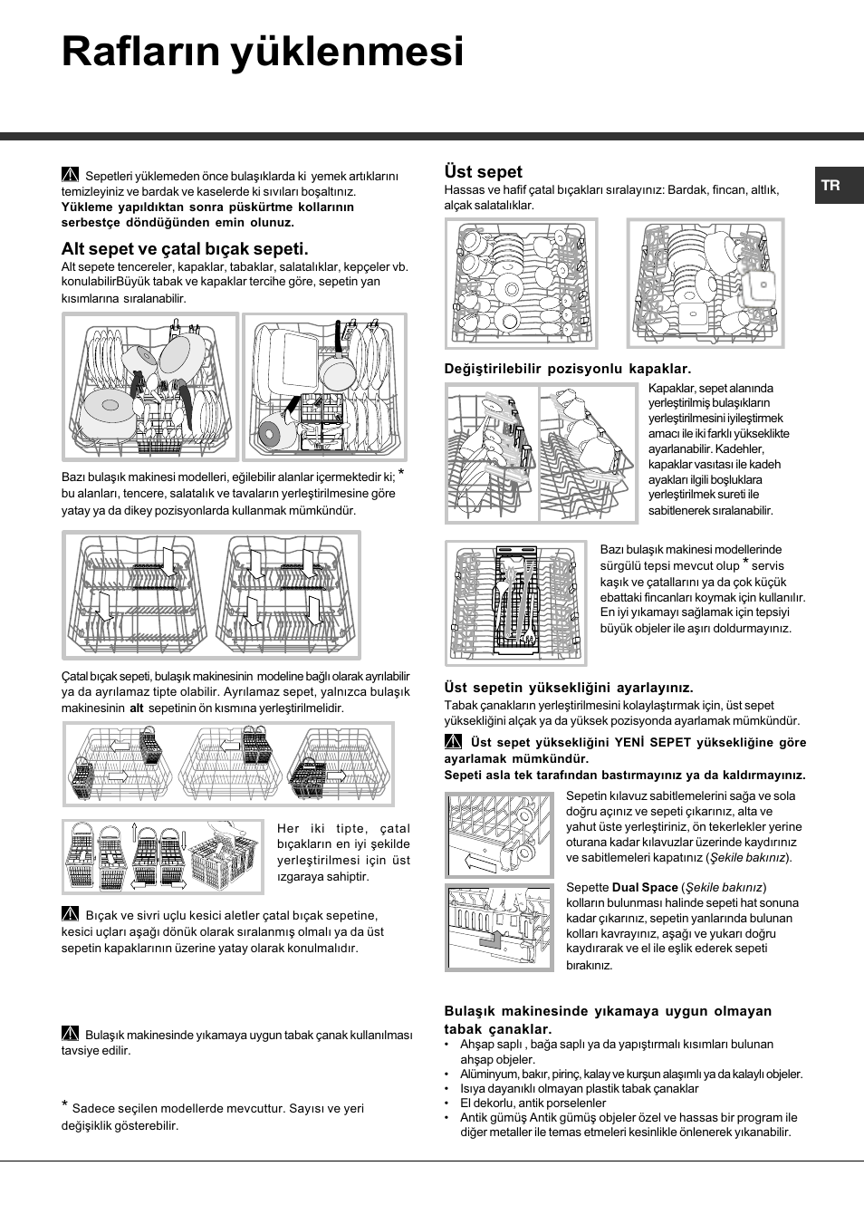 Raflarýn yüklenmesi, Alt sepet ve çatal býçak sepeti, Üst sepet | Hotpoint Ariston LFF7 8H14 X EU User Manual | Page 77 / 84