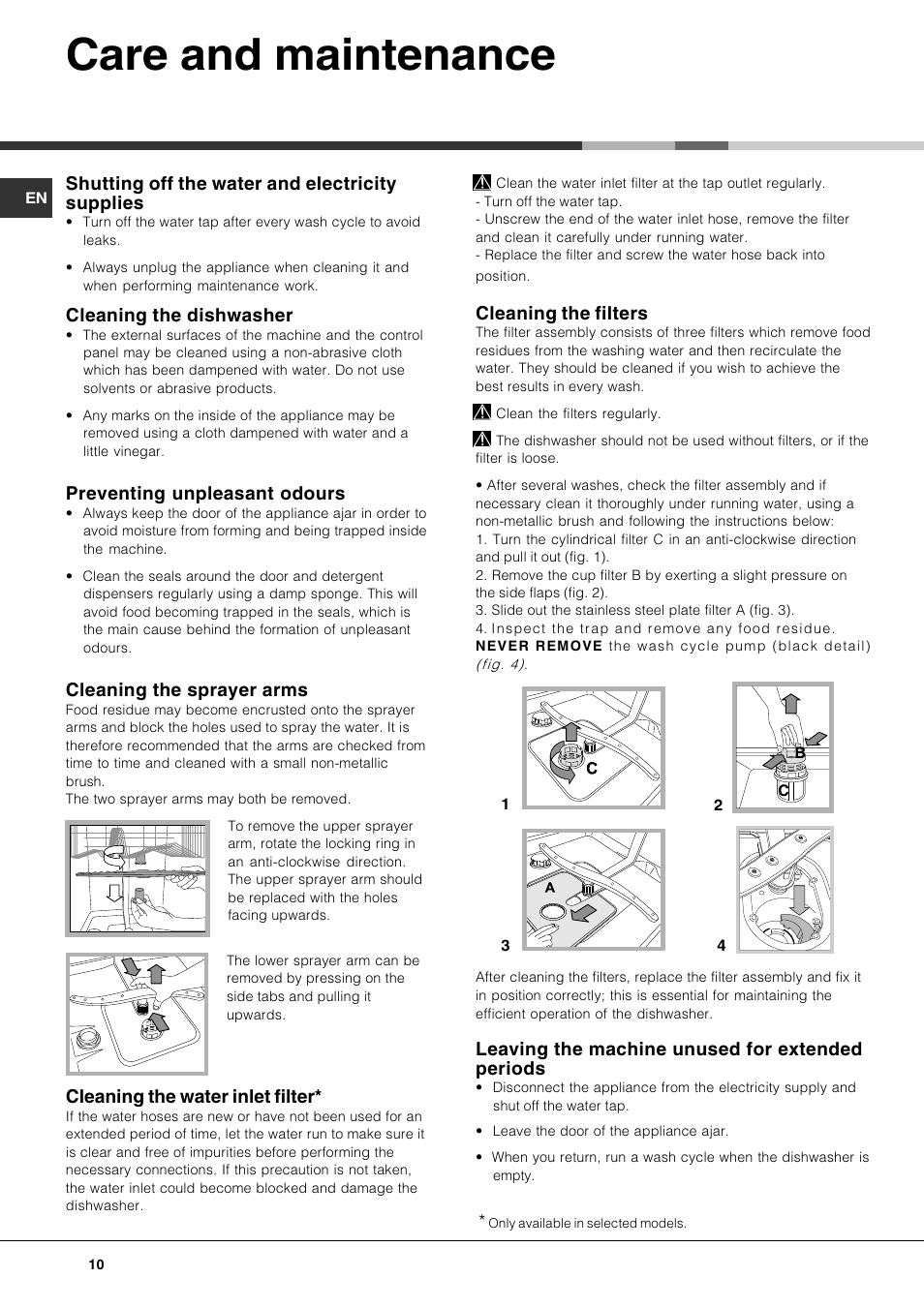 Care and maintenance, Shutting off the water and electricity supplies, Cleaning the dishwasher | Preventing unpleasant odours, Cleaning the sprayer arms, Cleaning the water inlet filter, Cleaning the filters, Leaving the machine unused for extended periods | Hotpoint Ariston LDFA++ 12H14 X EU User Manual | Page 10 / 84