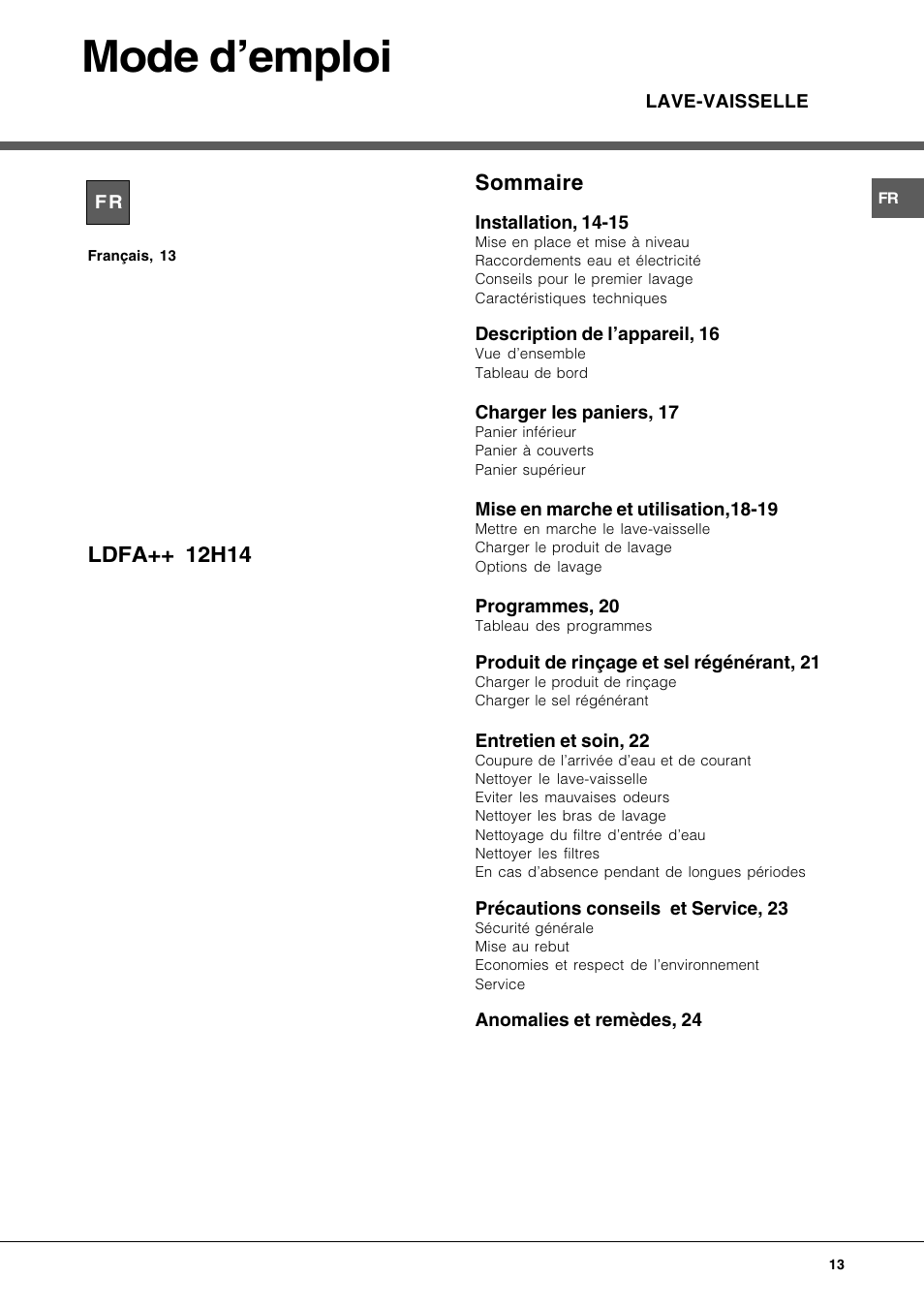 Mode demploi, Sommaire, Ldfa++ 12h14 | Hotpoint Ariston LDFA++ 12H14 X EU User Manual | Page 13 / 84