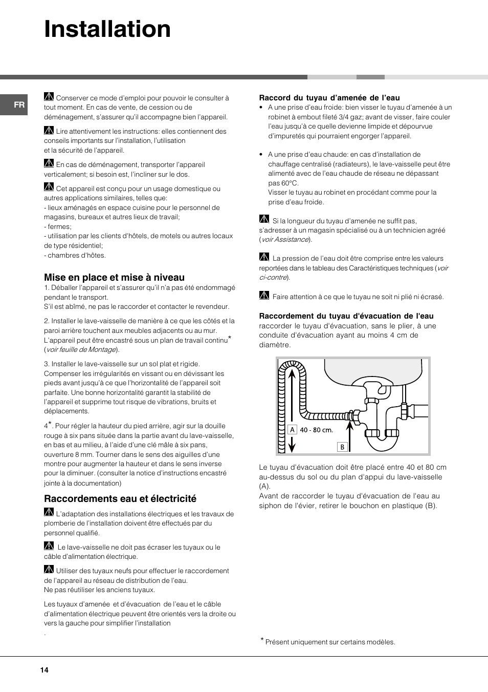 Installation, Mise en place et mise à niveau, Raccordements eau et électricité | Hotpoint Ariston LDFA++ 12H14 X EU User Manual | Page 14 / 84