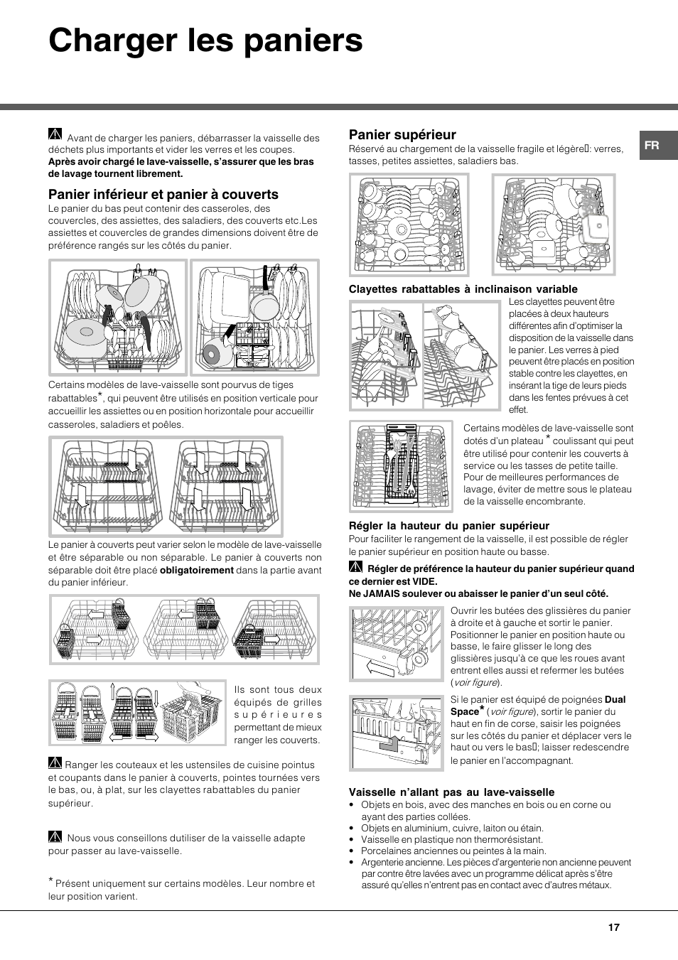 Charger les paniers, Panier inférieur et panier à couverts, Panier supérieur | Hotpoint Ariston LDFA++ 12H14 X EU User Manual | Page 17 / 84