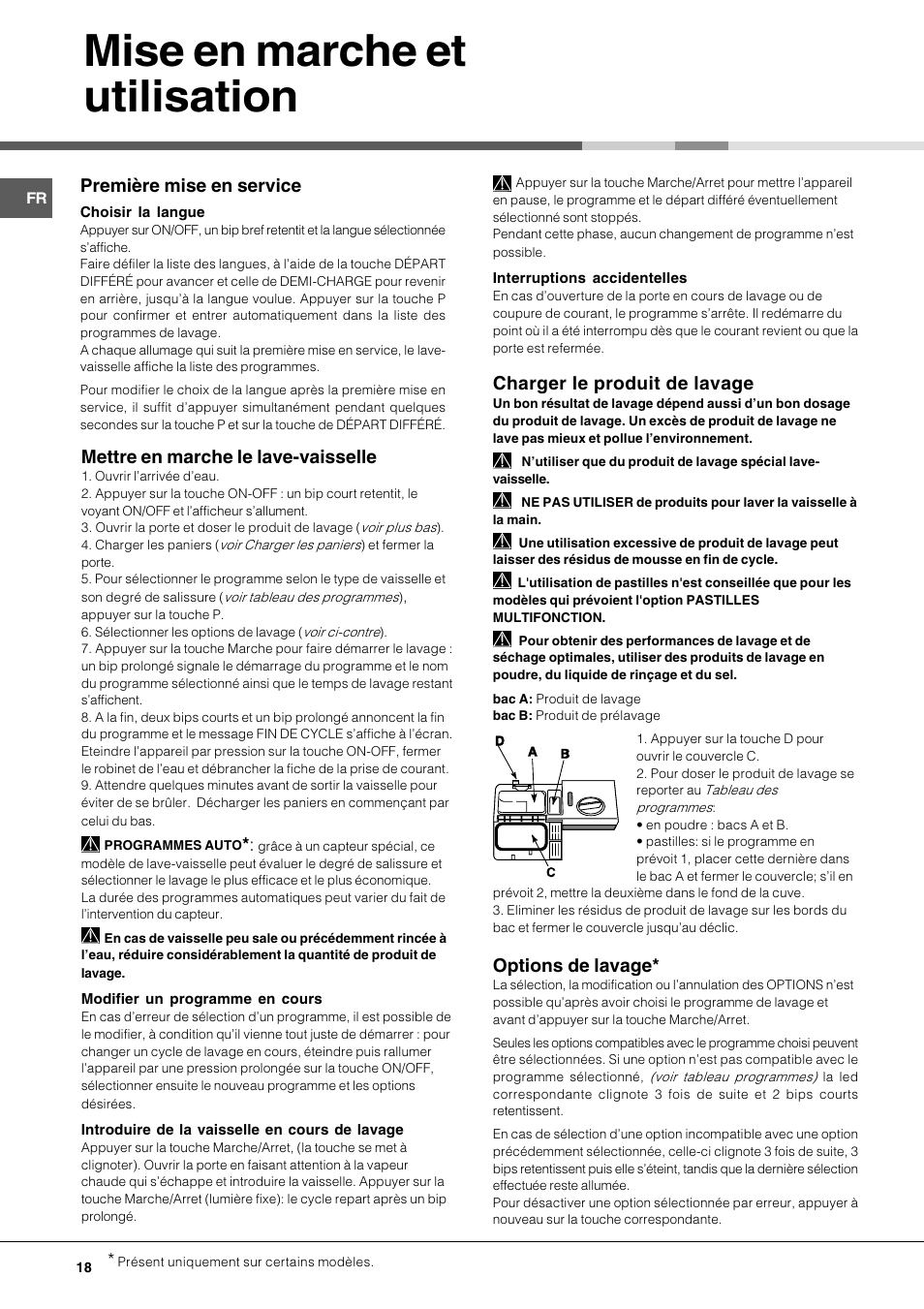 Mise en marche et utilisation, Charger le produit de lavage, Première mise en service | Mettre en marche le lave-vaisselle, Options de lavage | Hotpoint Ariston LDFA++ 12H14 X EU User Manual | Page 18 / 84