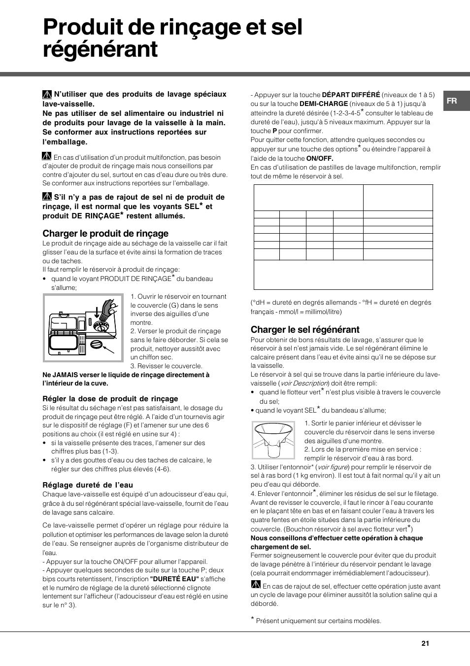 Produit de rinçage et sel régénérant, Charger le produit de rinçage, Charger le sel régénérant | Hotpoint Ariston LDFA++ 12H14 X EU User Manual | Page 21 / 84