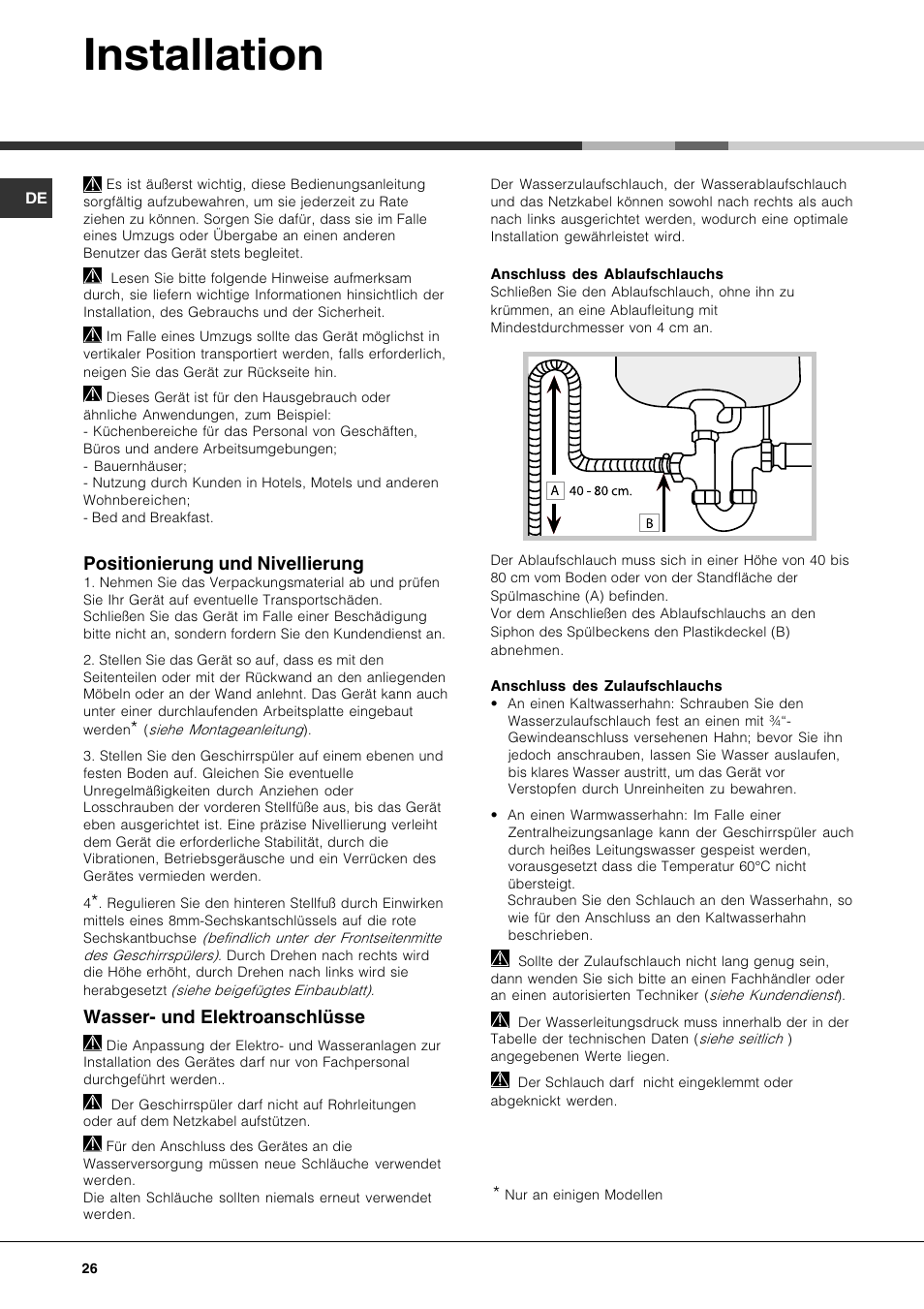 Installation, Positionierung und nivellierung, Wasser- und elektroanschlüsse | Hotpoint Ariston LDFA++ 12H14 X EU User Manual | Page 26 / 84