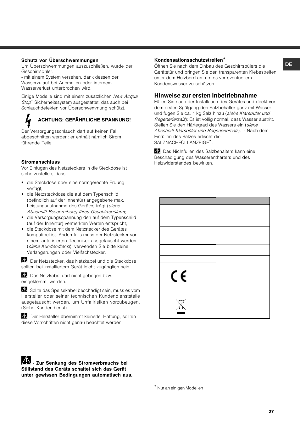 Hinweise zur ersten inbetriebnahme | Hotpoint Ariston LDFA++ 12H14 X EU User Manual | Page 27 / 84