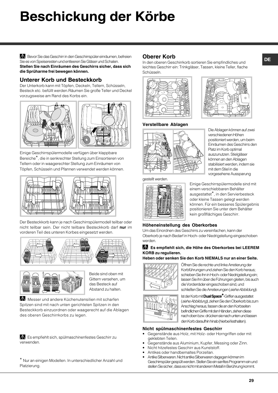 Beschickung der körbe, Unterer korb und besteckkorb, Oberer korb | Hotpoint Ariston LDFA++ 12H14 X EU User Manual | Page 29 / 84