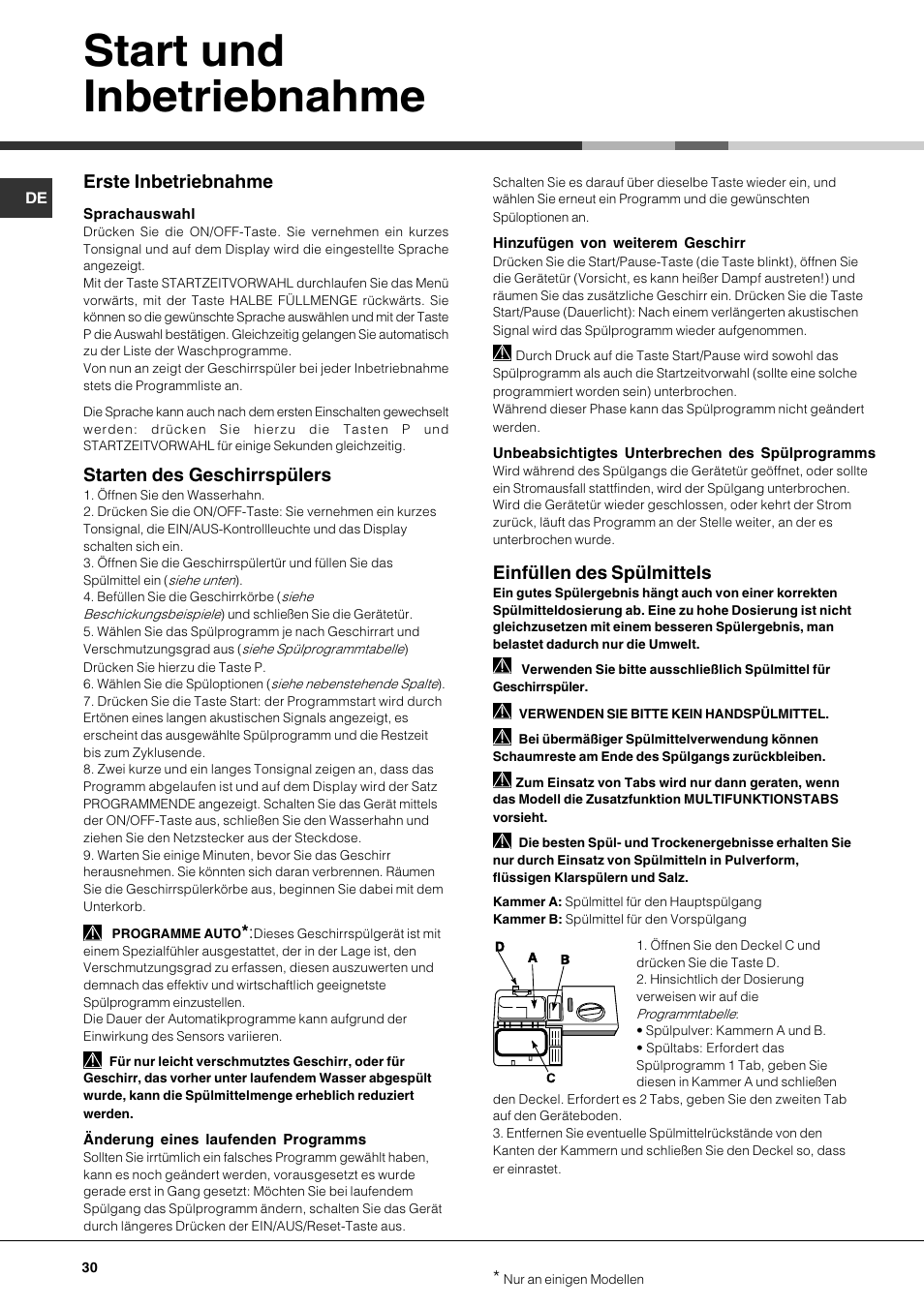 Start und inbetriebnahme, Einfüllen des spülmittels, Erste inbetriebnahme | Starten des geschirrspülers | Hotpoint Ariston LDFA++ 12H14 X EU User Manual | Page 30 / 84