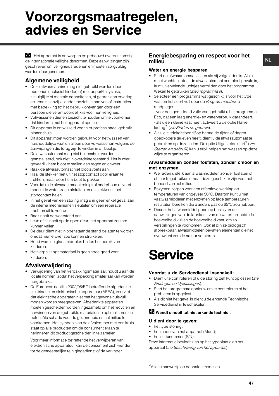Voorzorgsmaatregelen, advies en service, 5ahle?a, Algemene veiligheid | Afvalverwijdering, Energiebesparing en respect voor het milieu | Hotpoint Ariston LDFA++ 12H14 X EU User Manual | Page 47 / 84