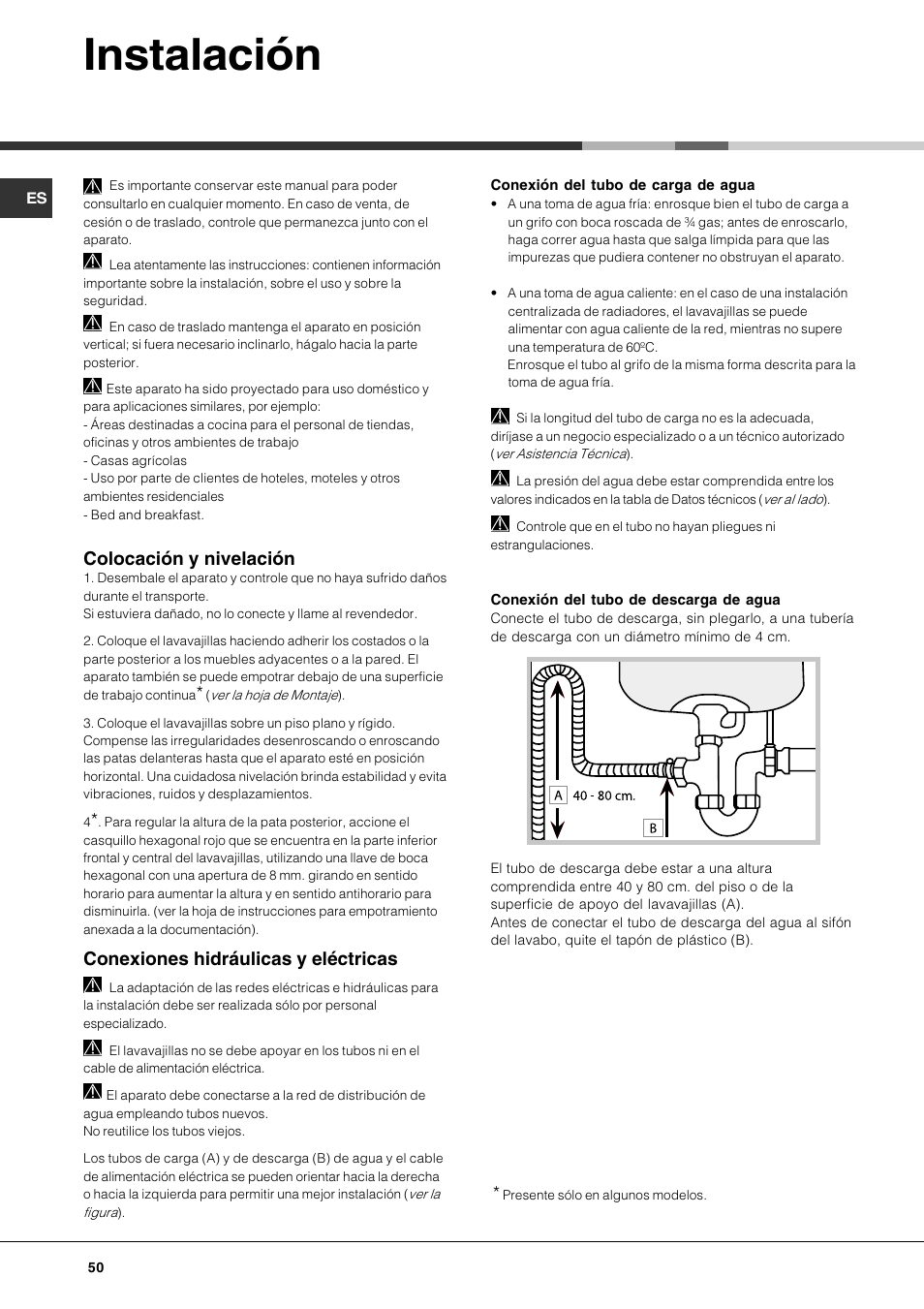 Instalación, Colocación y nivelación, Conexiones hidráulicas y eléctricas | Hotpoint Ariston LDFA++ 12H14 X EU User Manual | Page 50 / 84