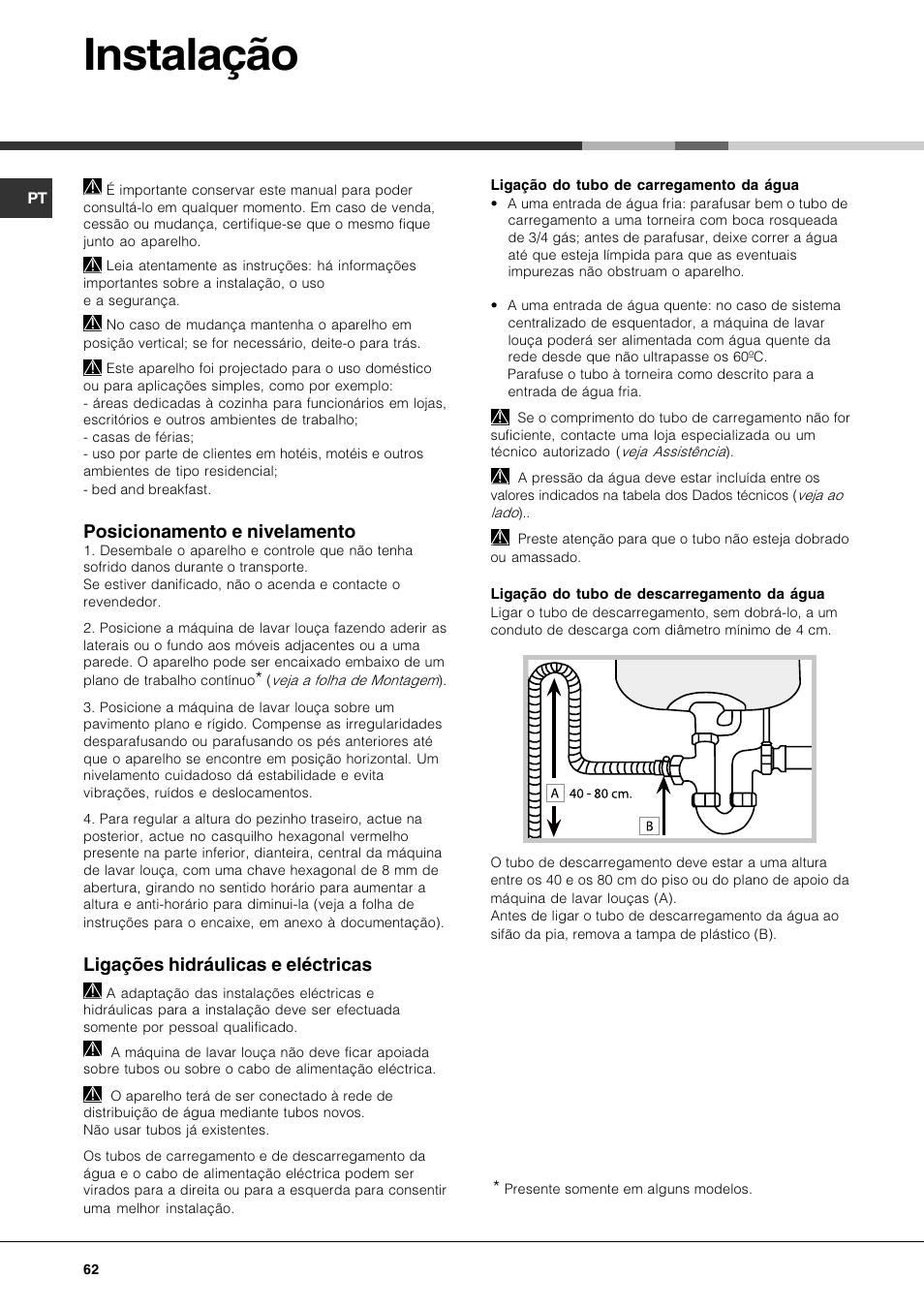 Instalação, Posicionamento e nivelamento, Ligações hidráulicas e eléctricas | Hotpoint Ariston LDFA++ 12H14 X EU User Manual | Page 62 / 84