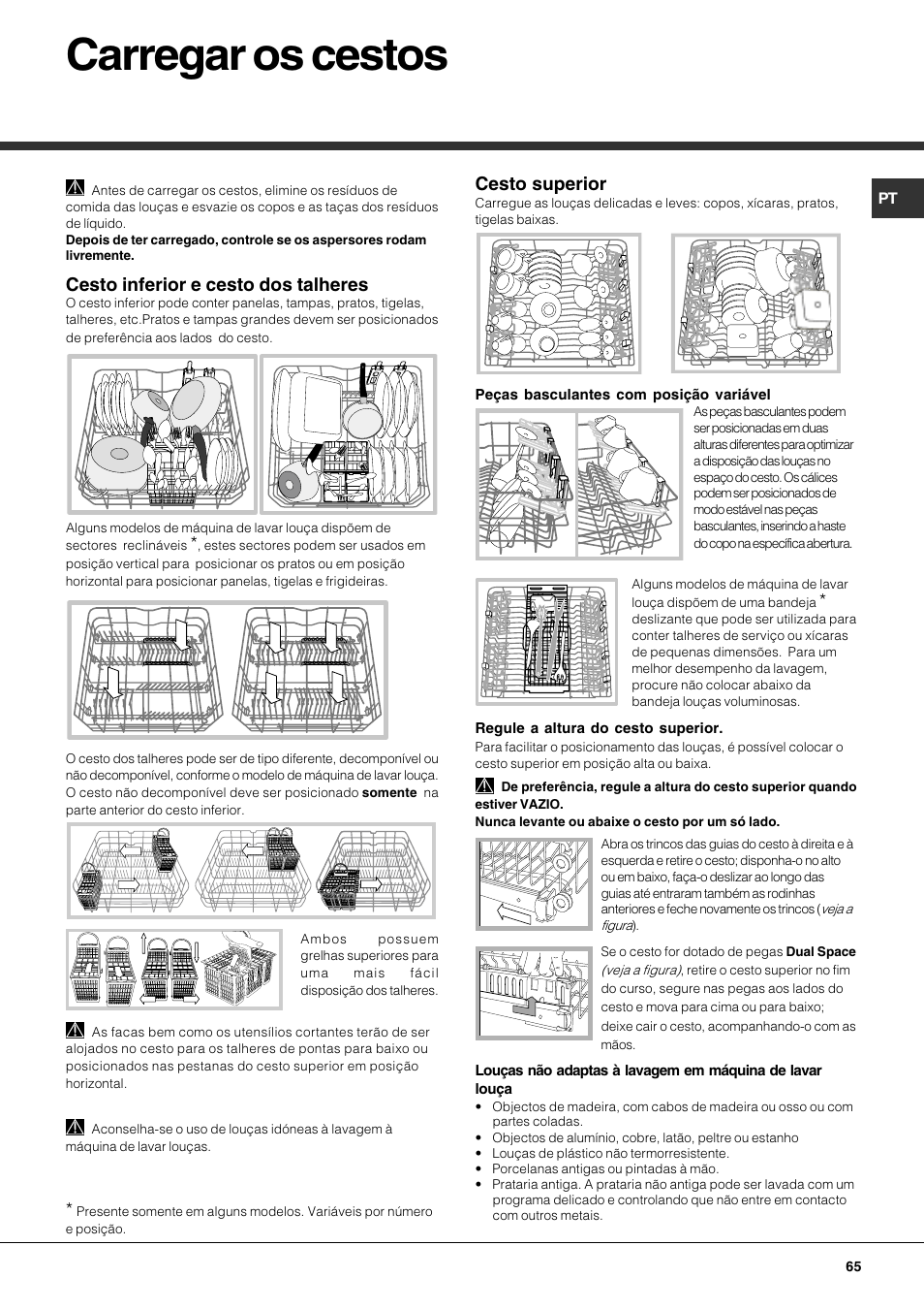 Carregar os cestos, Cesto inferior e cesto dos talheres, Cesto superior | Hotpoint Ariston LDFA++ 12H14 X EU User Manual | Page 65 / 84