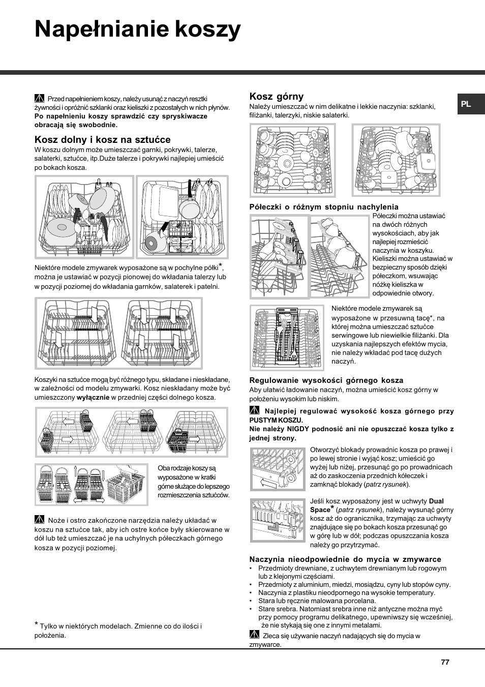 Nape³nianie koszy, Kosz dolny i kosz na sztuæce, Kosz górny | Hotpoint Ariston LDFA++ 12H14 X EU User Manual | Page 77 / 84