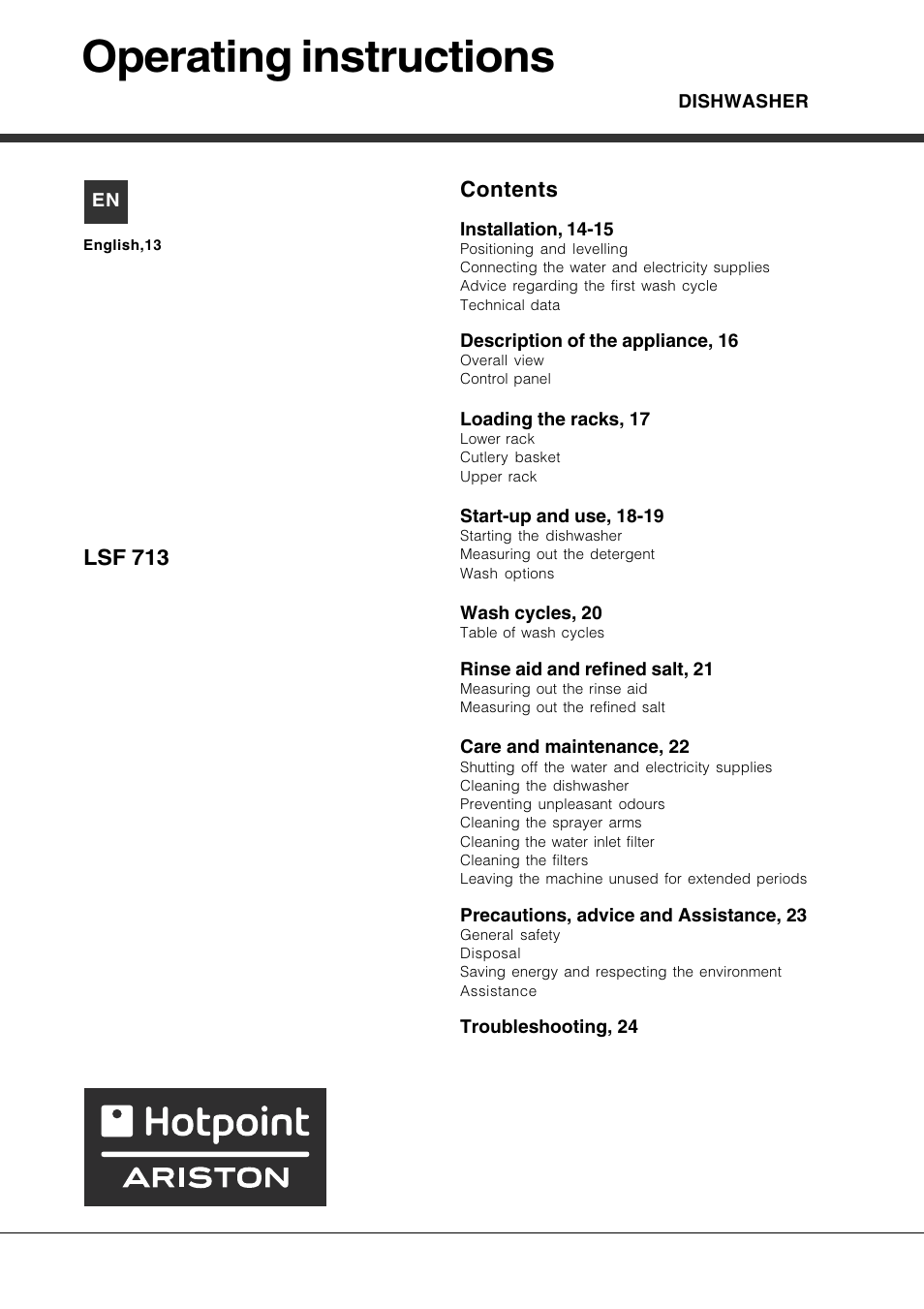 Hotpoint Ariston LSF 723 EU-HA User Manual | Page 13 / 84