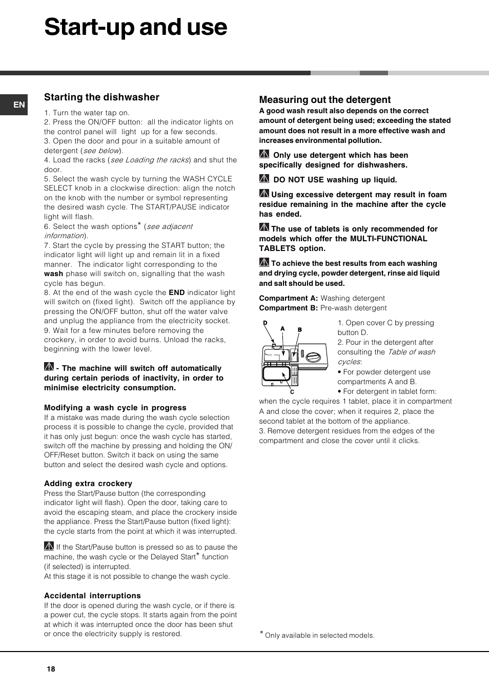 Start-up and use, Measuring out the detergent, Starting the dishwasher | Hotpoint Ariston LSF 723 EU-HA User Manual | Page 18 / 84