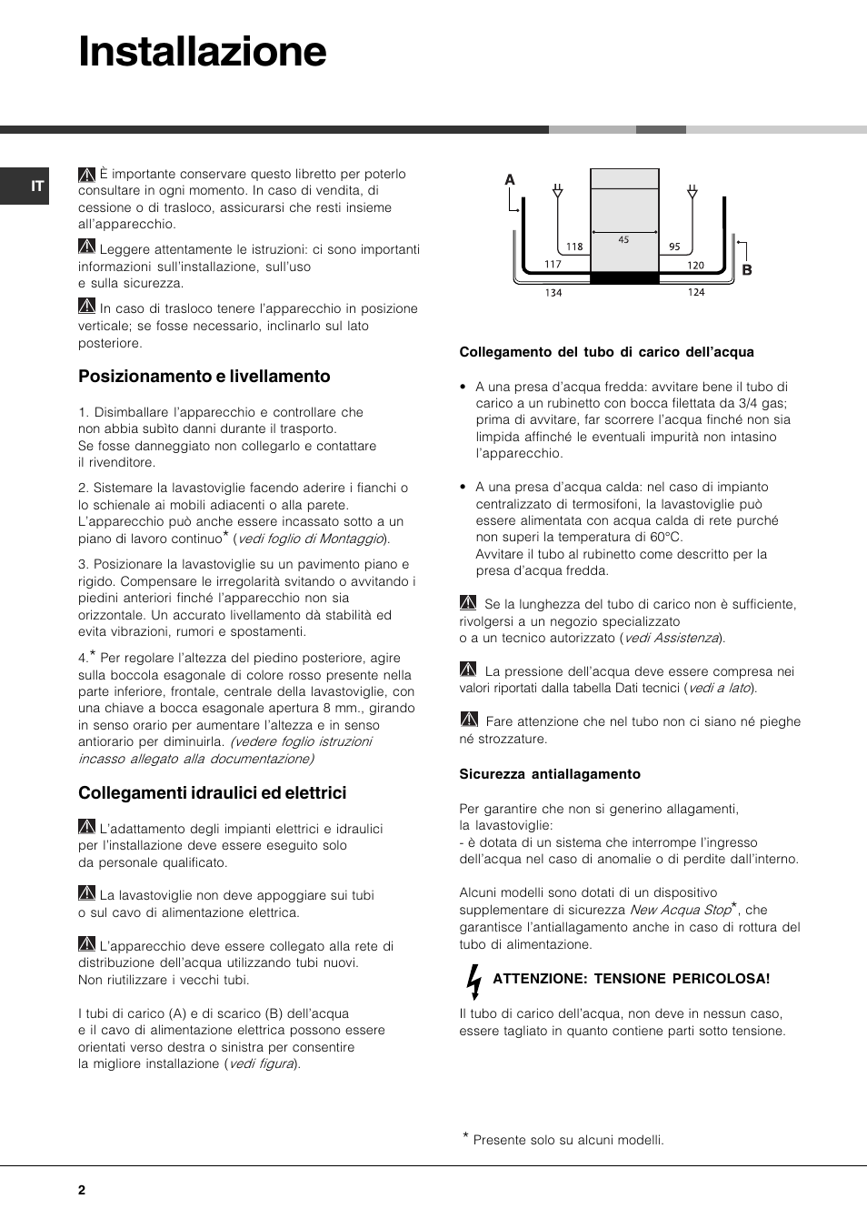 Installazione, Posizionamento e livellamento, Collegamenti idraulici ed elettrici | Hotpoint Ariston LSF 723 EU-HA User Manual | Page 2 / 84