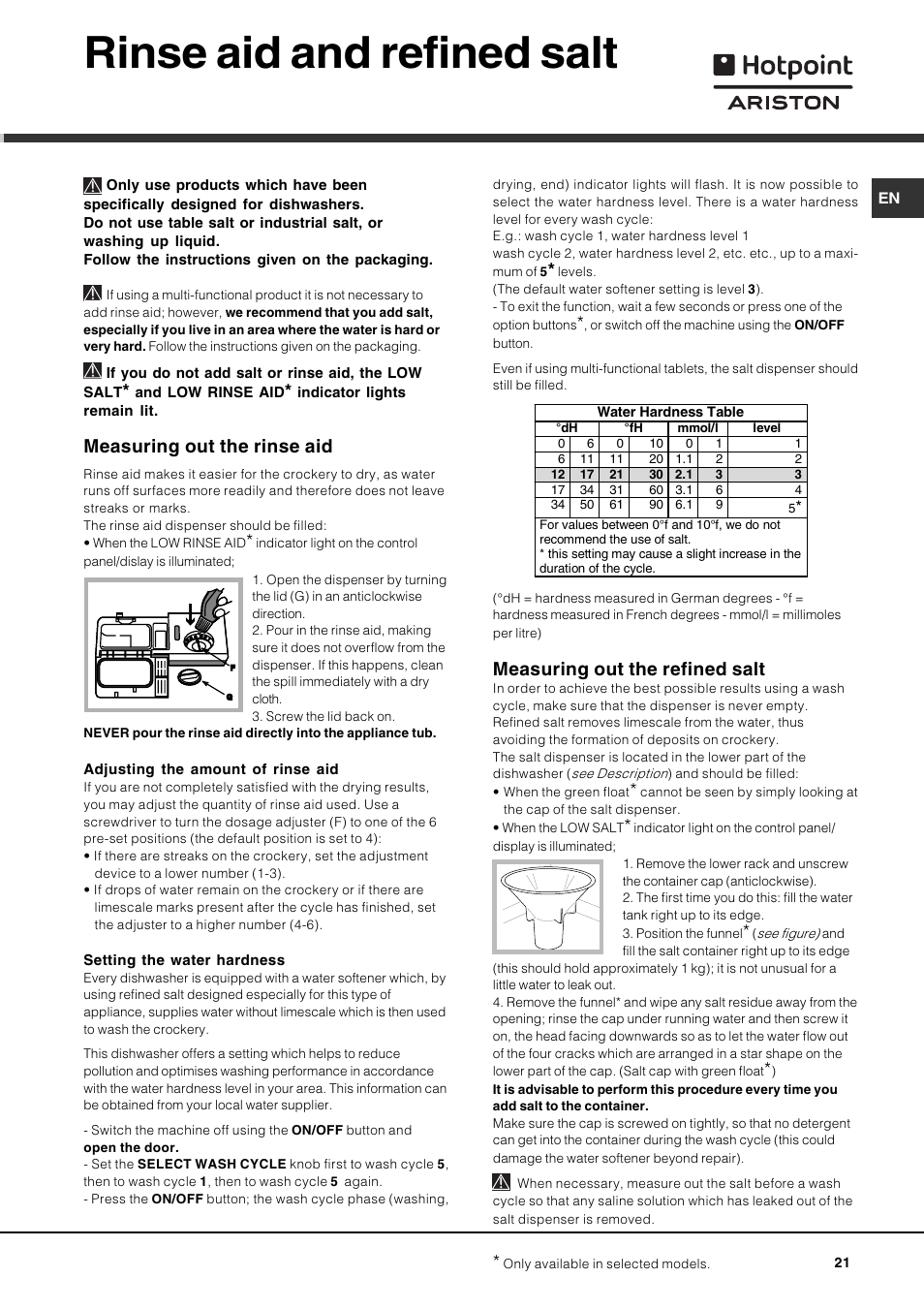 Rinse aid and refined salt, Measuring out the rinse aid, Measuring out the refined salt | Hotpoint Ariston LSF 723 EU-HA User Manual | Page 21 / 84
