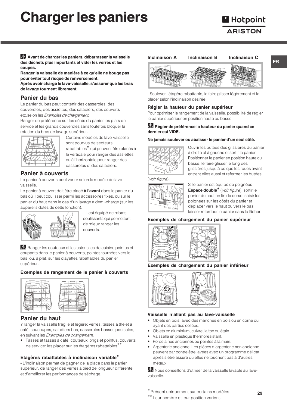 Charger les paniers, Panier du bas, Panier à couverts | Panier du haut | Hotpoint Ariston LSF 723 EU-HA User Manual | Page 29 / 84