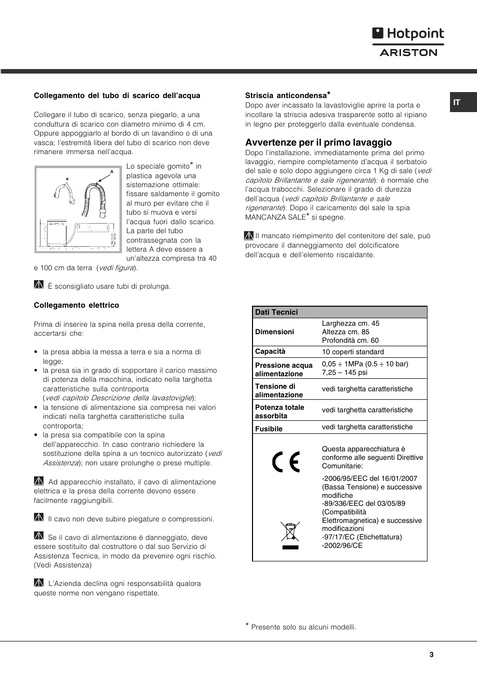 Avvertenze per il primo lavaggio | Hotpoint Ariston LSF 723 EU-HA User Manual | Page 3 / 84