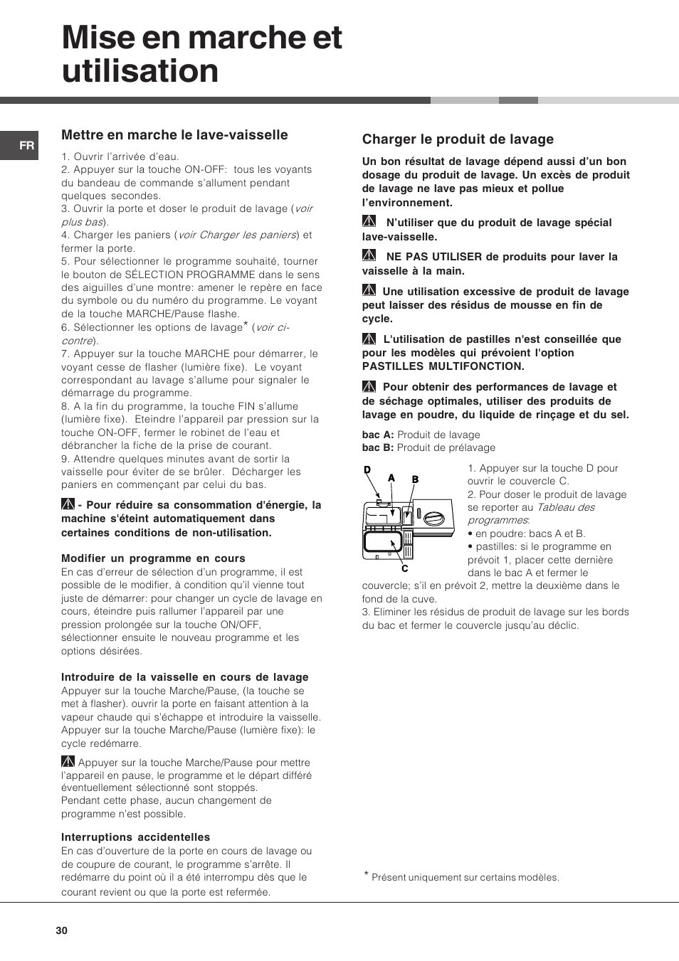 Mise en marche et utilisation, Charger le produit de lavage, Mettre en marche le lave-vaisselle | Hotpoint Ariston LSF 723 EU-HA User Manual | Page 30 / 84