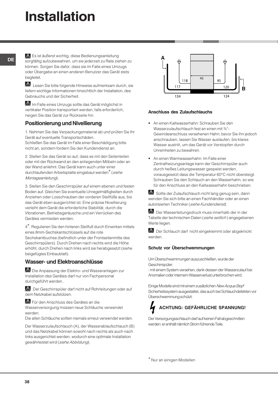 Installation, Positionierung und nivellierung, Wasser- und elektroanschlüsse | Hotpoint Ariston LSF 723 EU-HA User Manual | Page 38 / 84