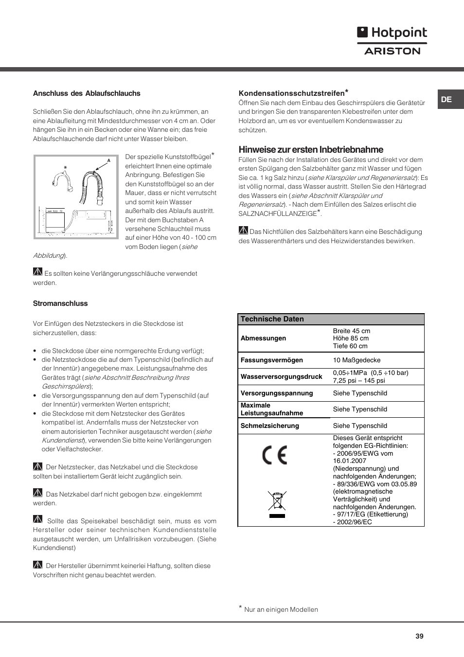 Hinweise zur ersten inbetriebnahme | Hotpoint Ariston LSF 723 EU-HA User Manual | Page 39 / 84