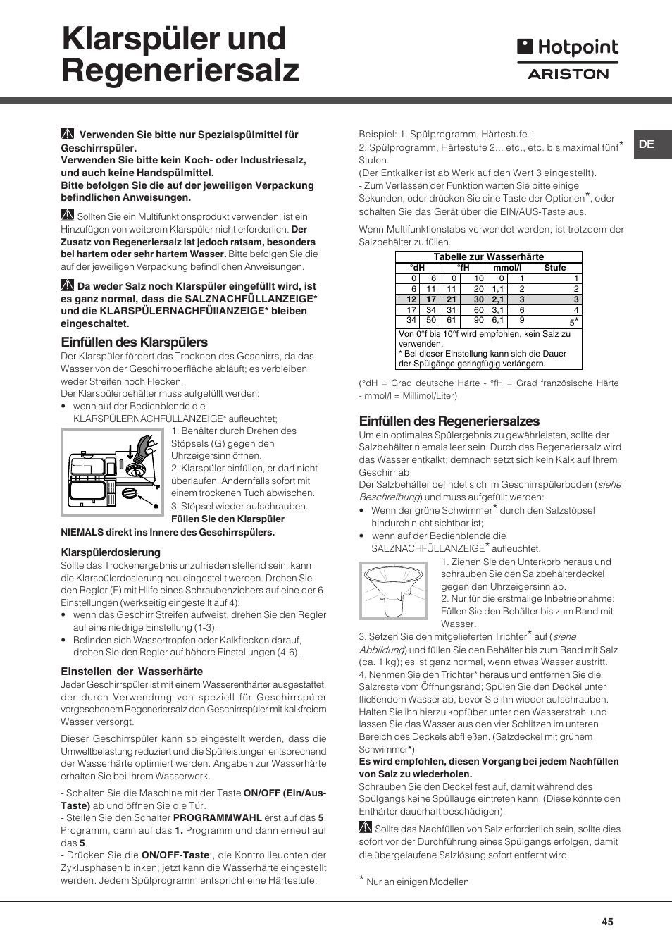 Klarspüler und regeneriersalz, Einfüllen des klarspülers, Einfüllen des regeneriersalzes | Hotpoint Ariston LSF 723 EU-HA User Manual | Page 45 / 84
