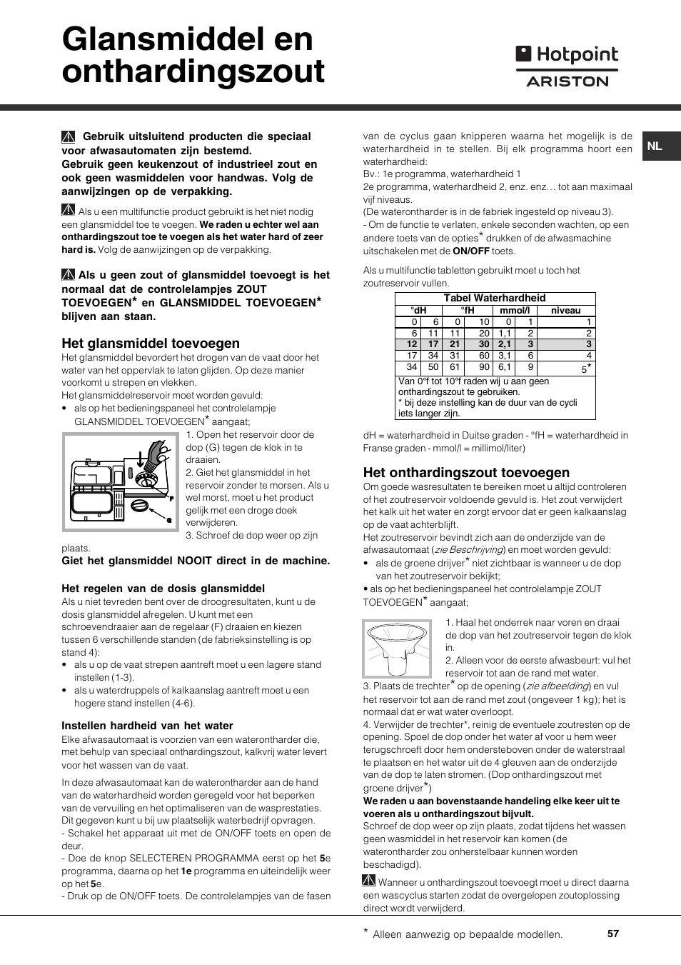 Glansmiddel en onthardingszout, Het glansmiddel toevoegen, Het onthardingszout toevoegen | Hotpoint Ariston LSF 723 EU-HA User Manual | Page 57 / 84